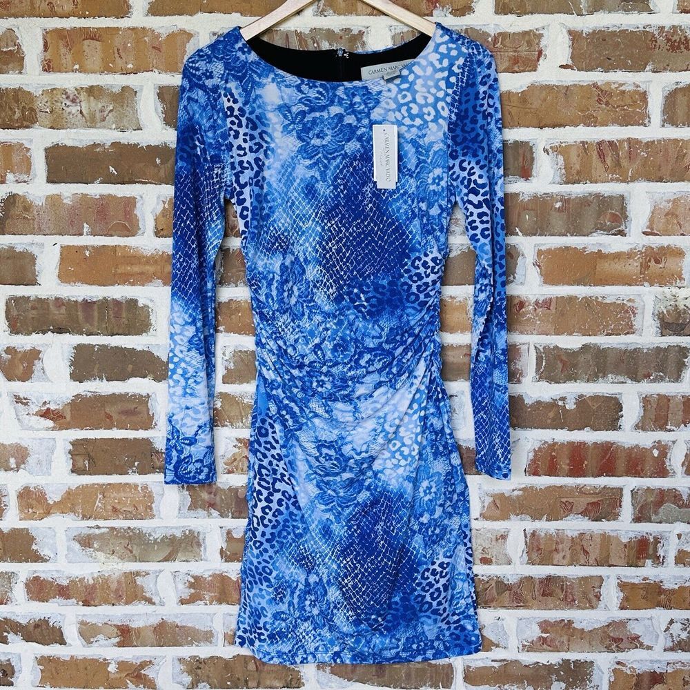 Carmen Marc Valvo Dress Women's Size 4 Ruched Long Sleeve Blue Leopard Print NWT